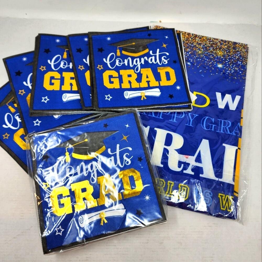 New Graduation Napkins & Large Platic Tablecloth 100 Napkins Blue Gold White